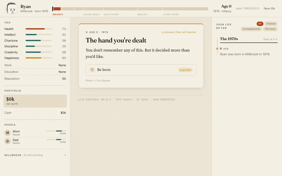 Life Simulator: a warm, paper-toned dashboard showing a newborn's stats, portfolio and the first life event