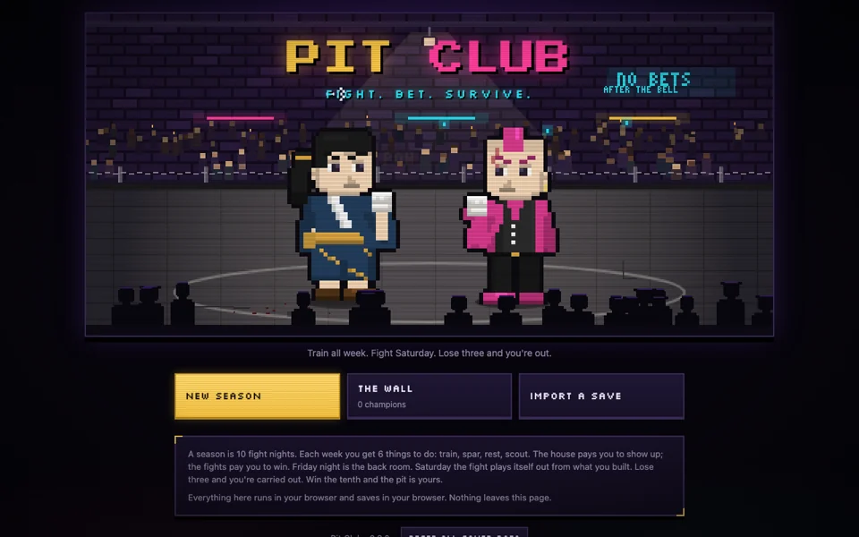 Pit Club title screen: two pixel-art fighters squaring up in a neon-lit basement ring