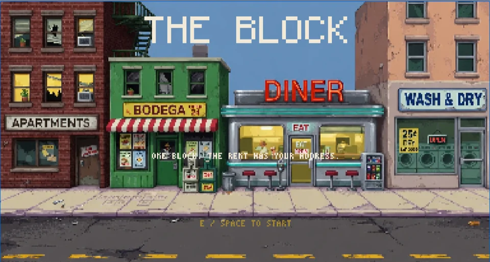 The Block title screen: a pixel-art city street with apartments, a bodega, a diner and a laundromat